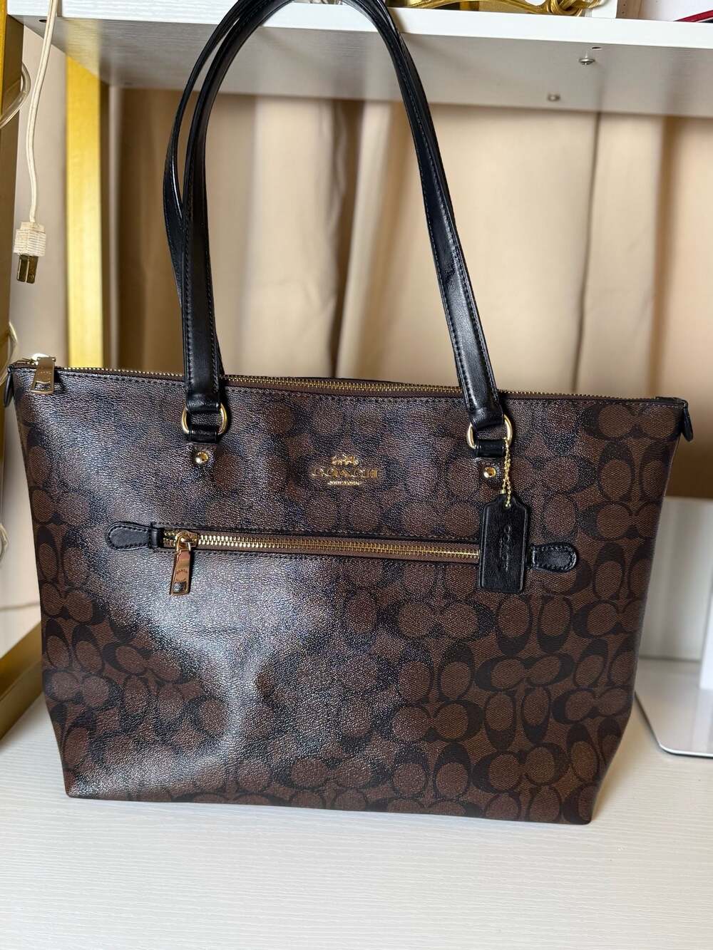 Coach Signature Gallery Tote Brown Black Canvas Leather Shoulder Bag